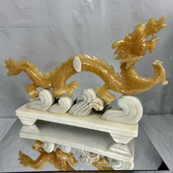 Yellow Jade Carved Stone Serpent Dragon Statue - Picture 9 of 13
